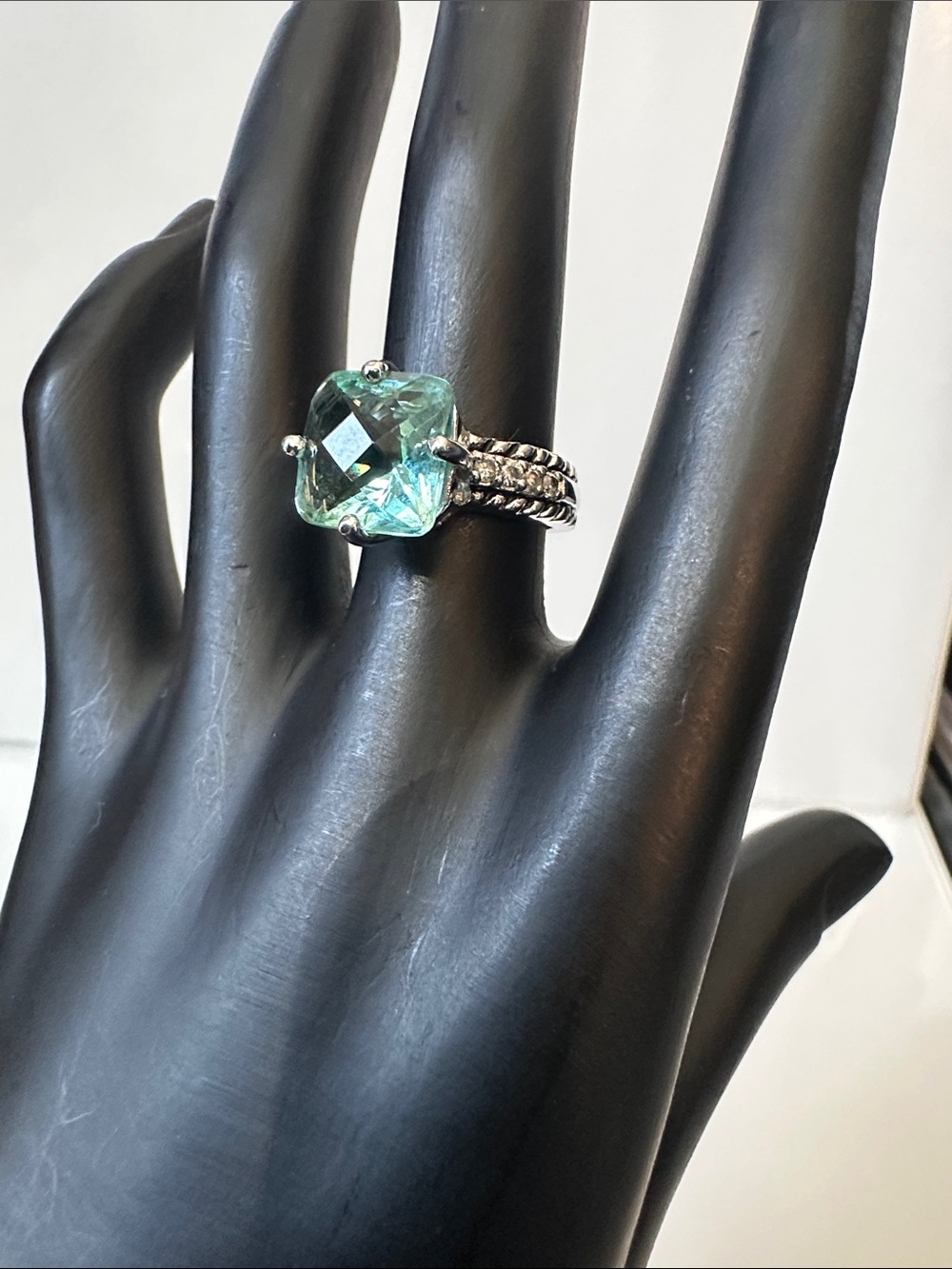 Lia Sophia “Greek Isle” Ring with Aqua-green Cushion-Cut Stone. Size 6